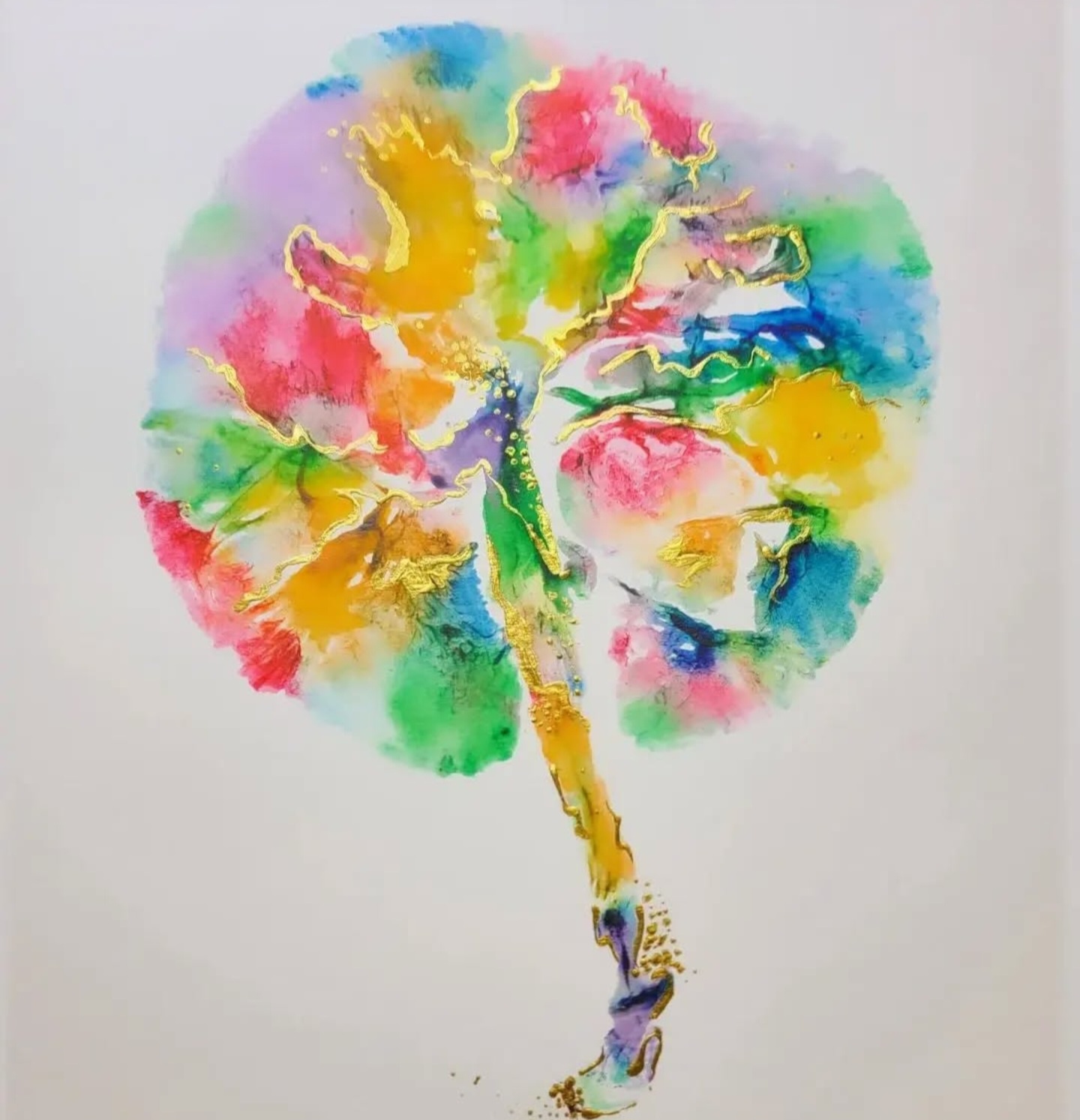 Gold-Accented Placenta Print – Heritage of Care artistic watercolor placenta print with vibrant colors and gold leaf accents