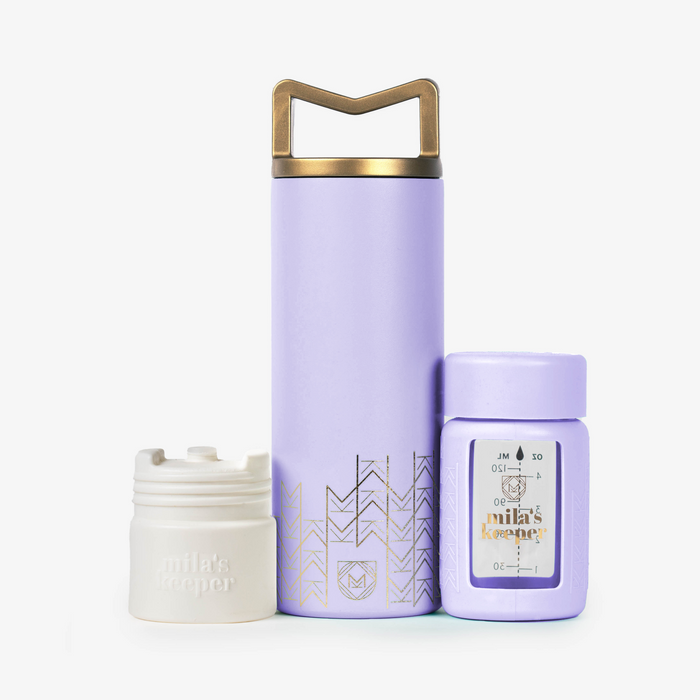 Lavender Fields Milkkeeper design - elegant lavender container with gold geometric accents and luxury accessories