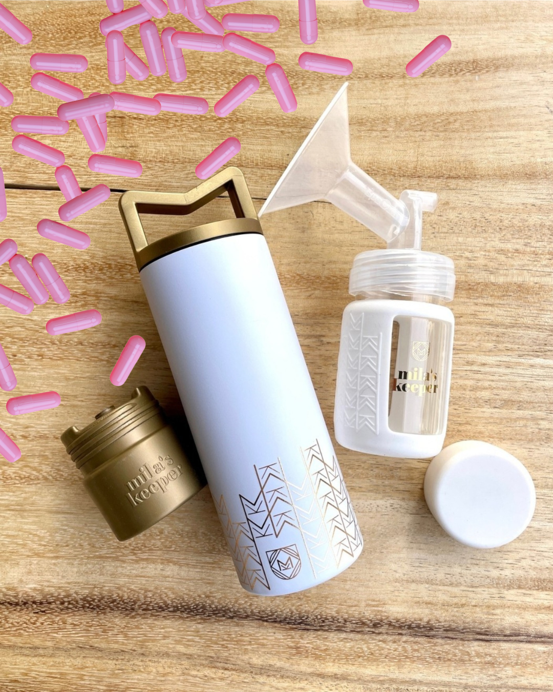 Heritage of Care placenta capsules with Mila's Keeper containers and breast pump accessories on wooden surface