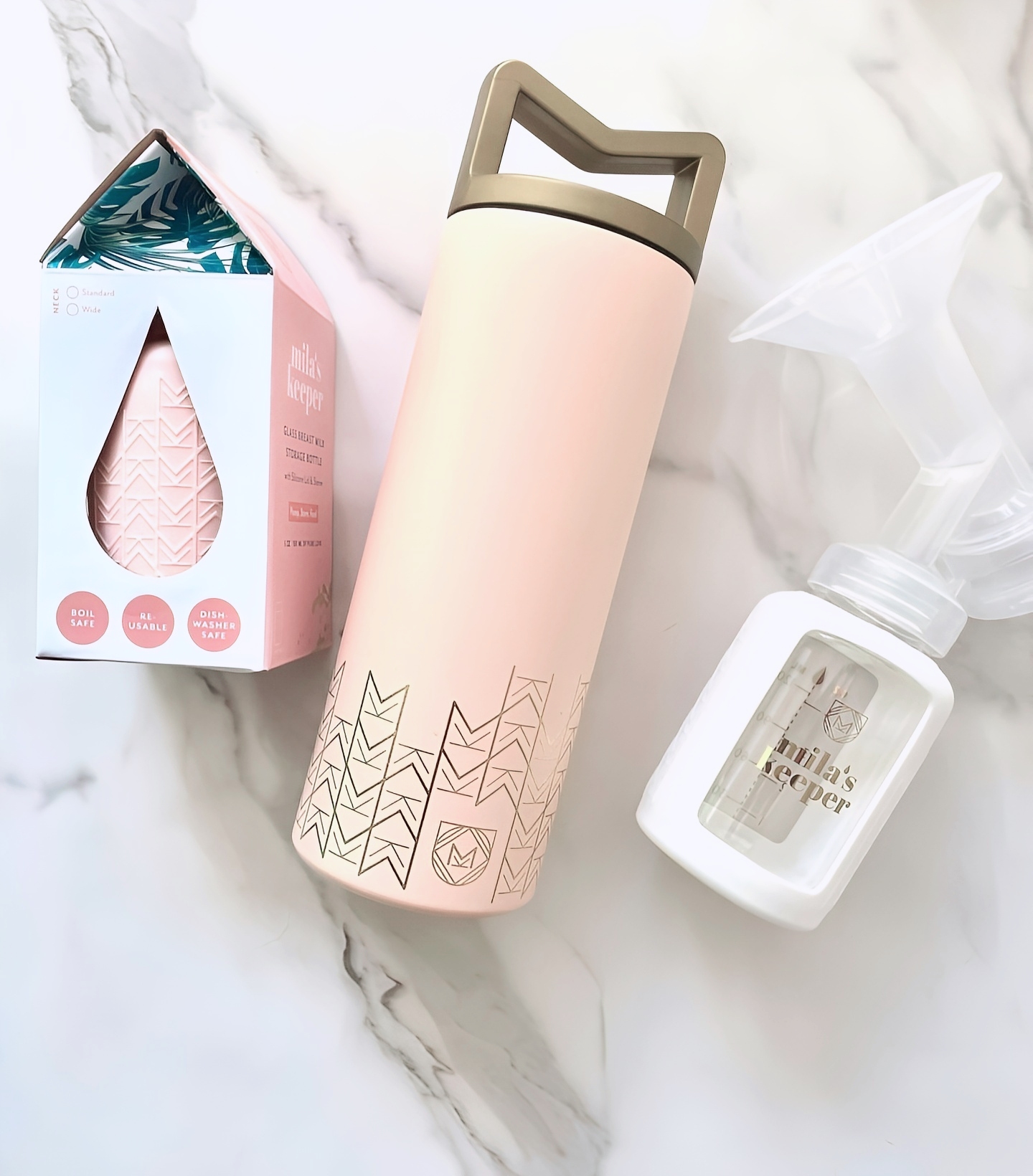 Mila's Keeper Starter Set – Heritage of Care premium BPA-free insulated container with accessories, featuring elegant pink design with gold geometric patterns