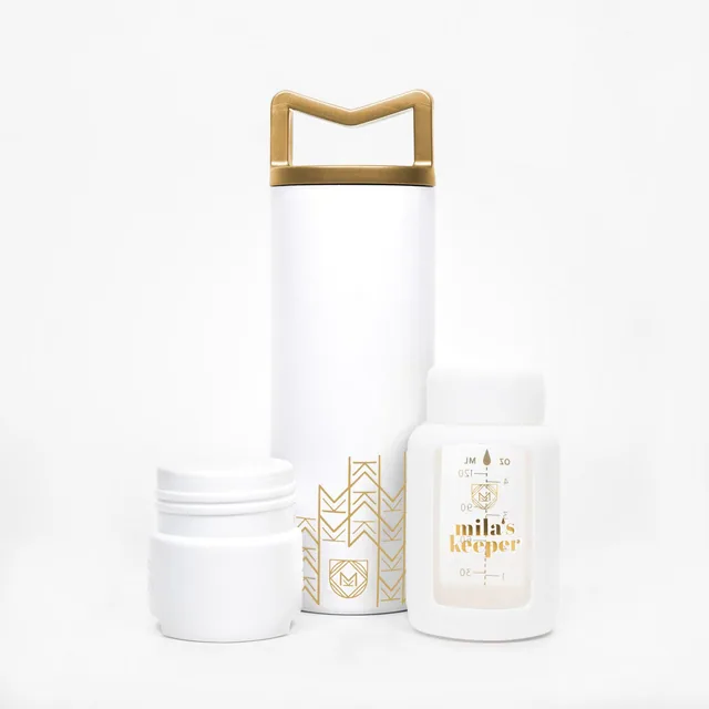 Aspen White Milkkeeper design - clean white luxury container with gold accents