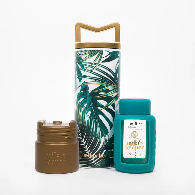 Panama Palms Milkkeeper design - tropical palm leaf pattern container with gold accents and teal accessories