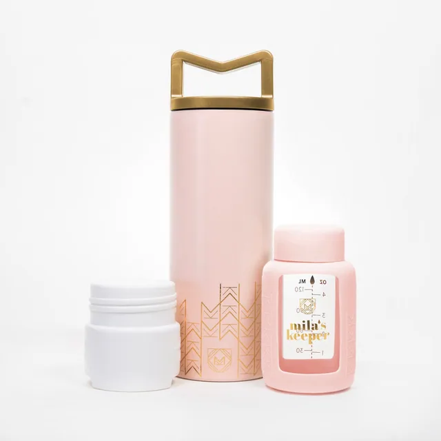 Pink Sands Milkkeeper design - elegant pink container with gold accents and geometric patterns
