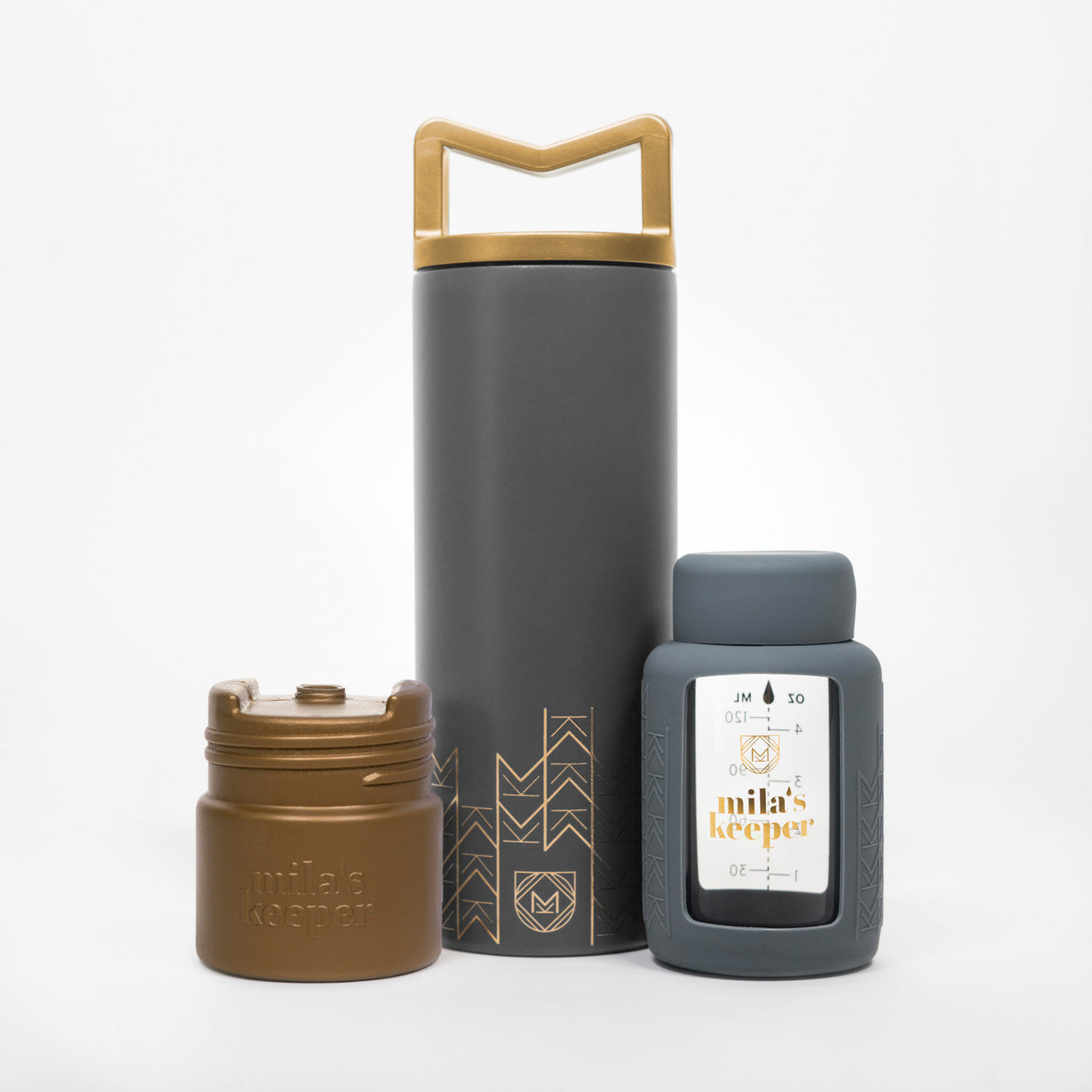 Starry Night Milkkeeper design - elegant charcoal container with gold geometric accents and luxury accessories