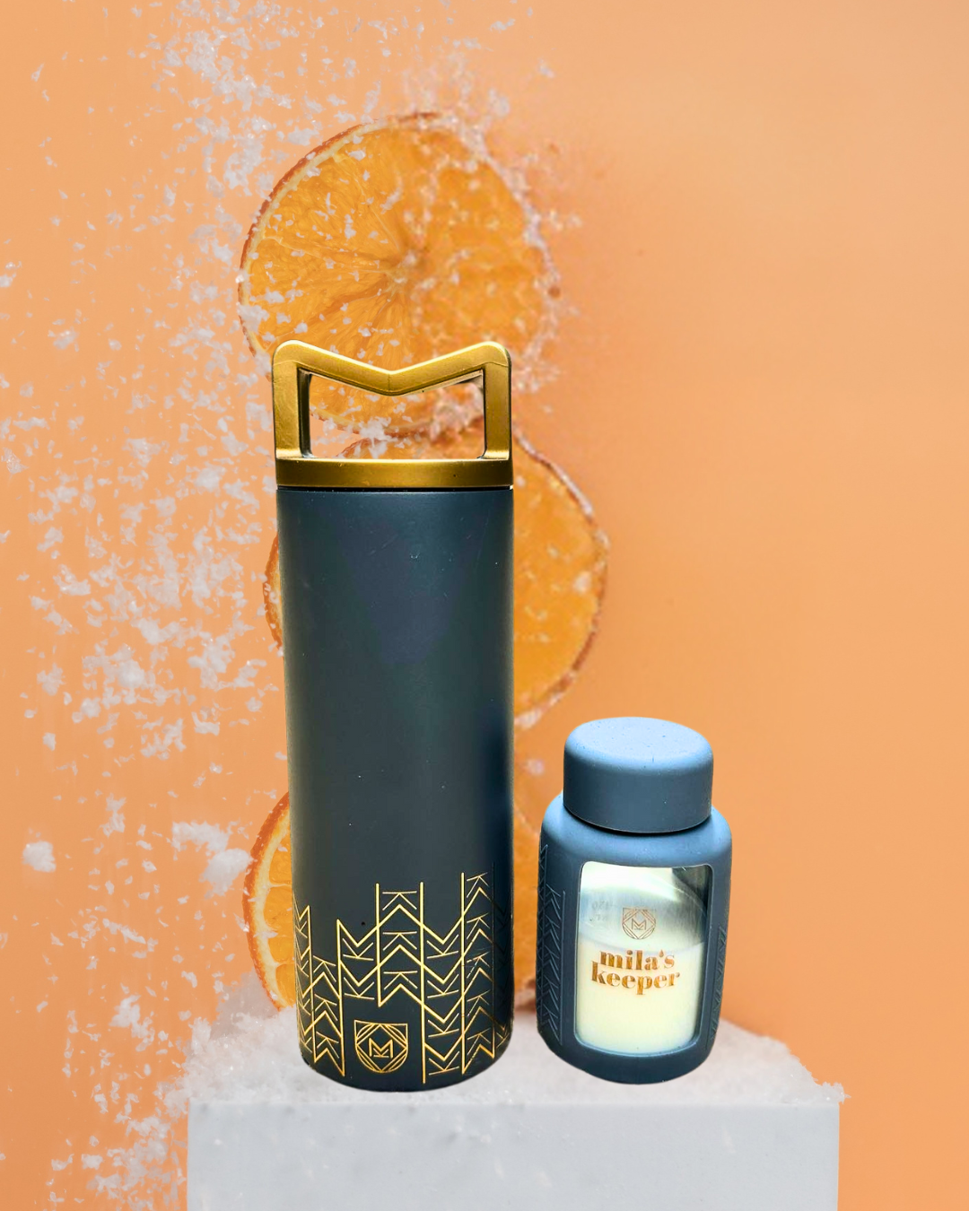 Heritage of Care wellness products with fresh citrus - premium water bottle and supplement container